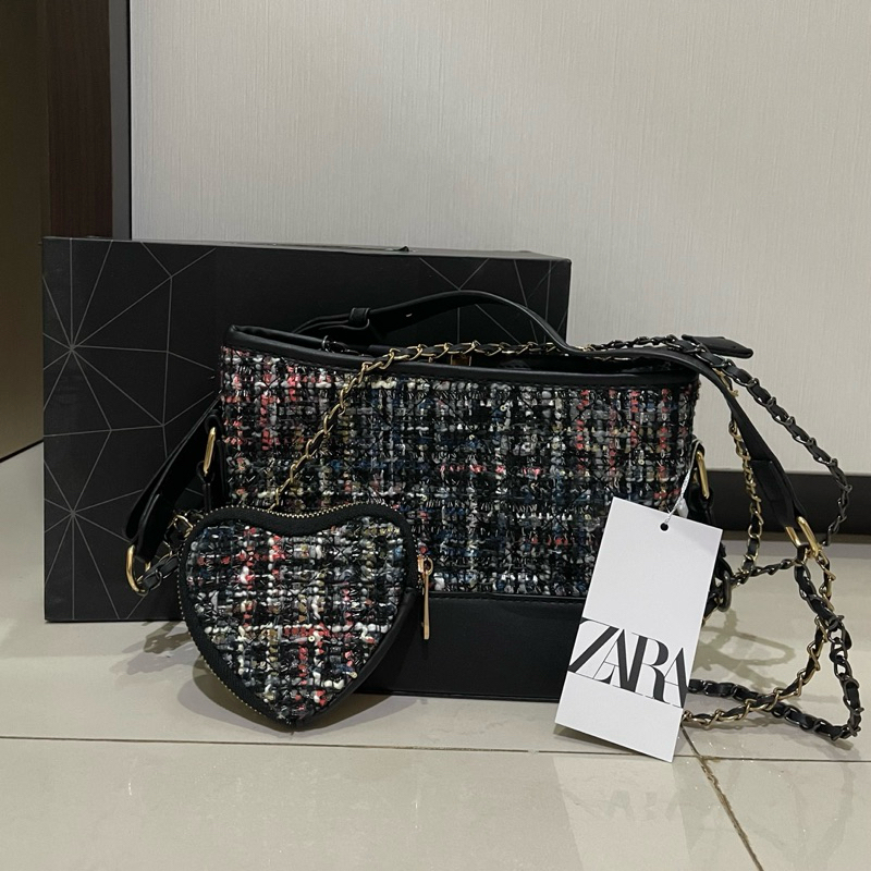 TAS ZARA WANITA TWEED GABRIELLE GIFTSET LOVE | Tas dan Pouch Wanita Pesta Mewah