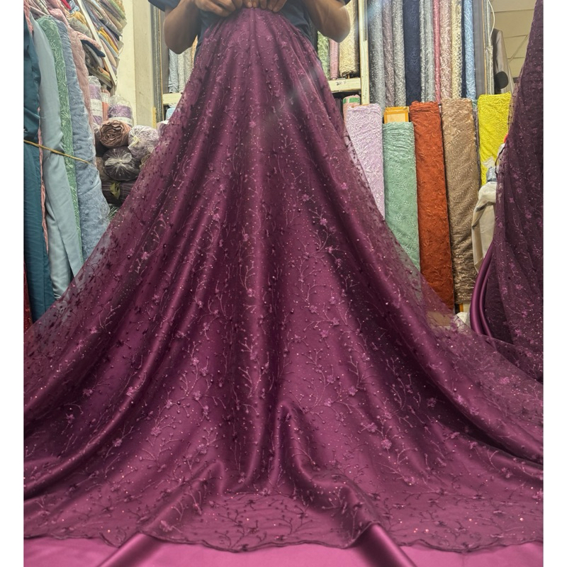 Kain bahan Tulle akar mutiara / brokat akar mutiara,bahan gaun,kebaya, (tile padi).