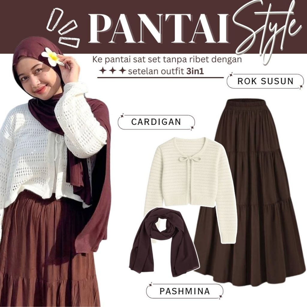 Outfit Pantai Wanita One Set Hijab Pashmina Ceruty & Cardigan Outer Jaring & Rok Susun Coklat 24A