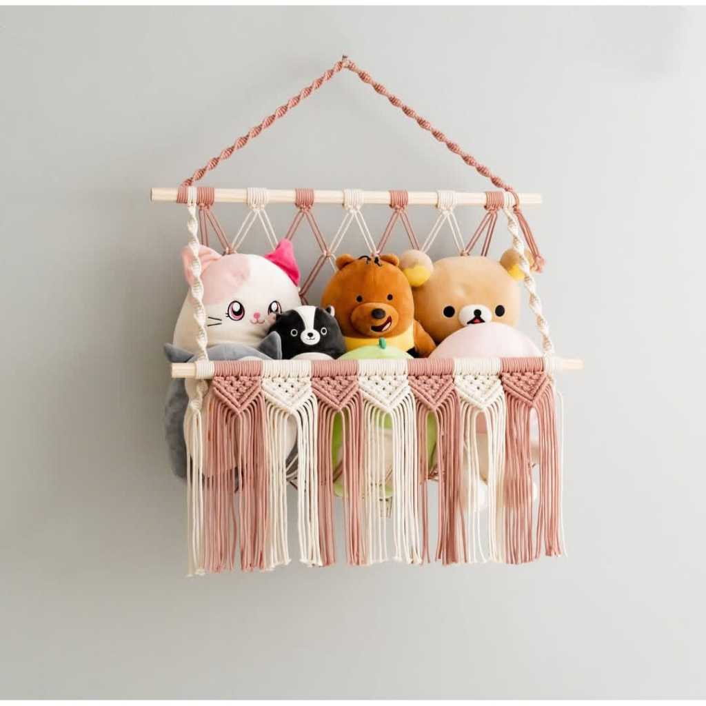Rak Dinding Macrame 01-Gantungan Tempat Boneka-Macrame Tatakan Boneka-Rak Koran