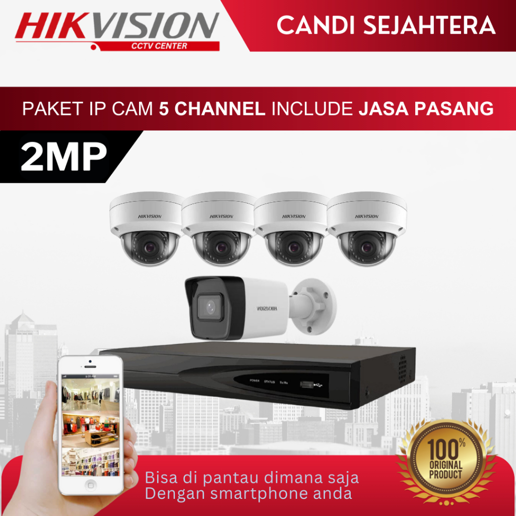 PAKET CCTV IP CAM HIKVISION 2MP 5 KAMERA + INSTALASI & ONLINE DI HP