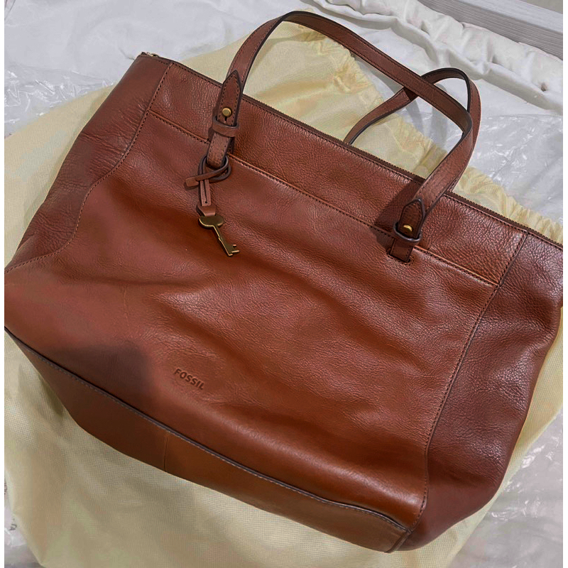 preloved totebag fossil rachel leather brown | totebag coklat | authentic