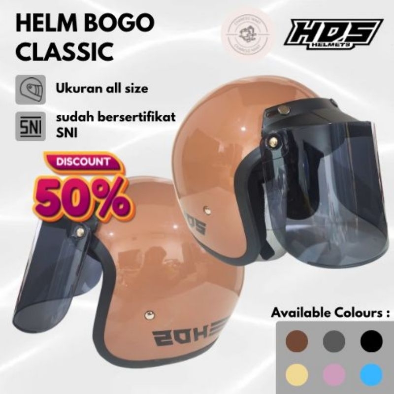 Helm Bogo Polos Classic Dewasa HDS HELMET Kaca Datar Cembung Hitam Bening Untuk Pria Dan Wanita Hija