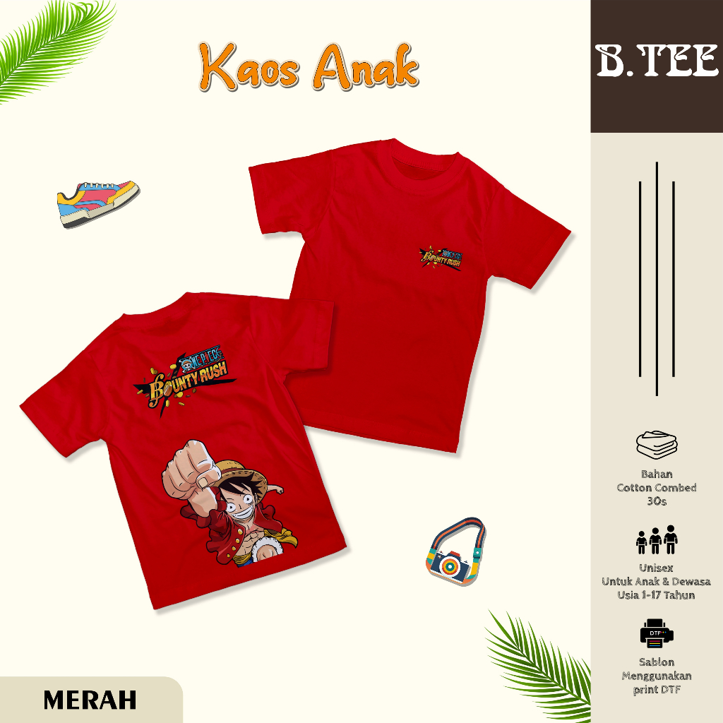 Kaos Anak Laki Laki 1-17 Tahun One Piece Luffy Bounty Rush Cotton Combed 30s