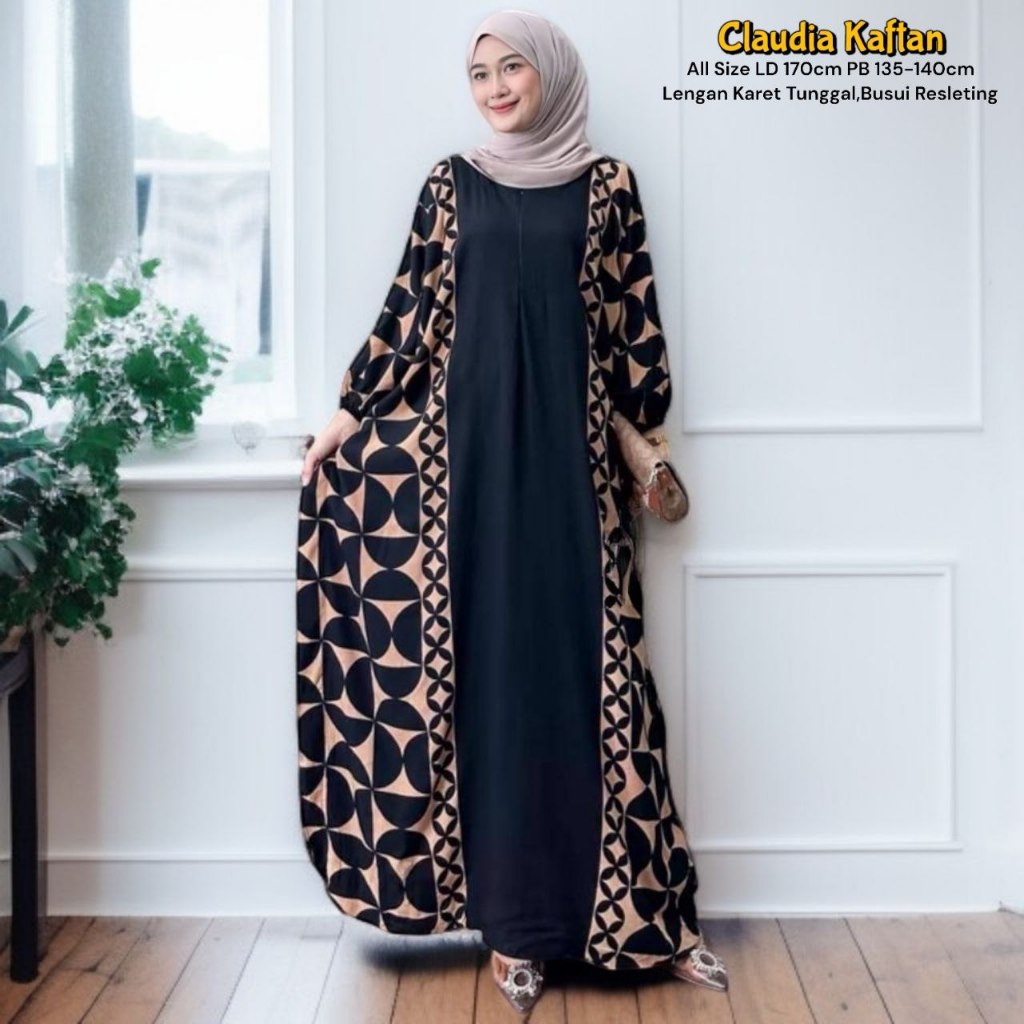 Claudia Kaftan Wanita Jumbo Rayon Batik Premium Gamis Busana Muslim Motif Etnik Kekinian LD 170 cm