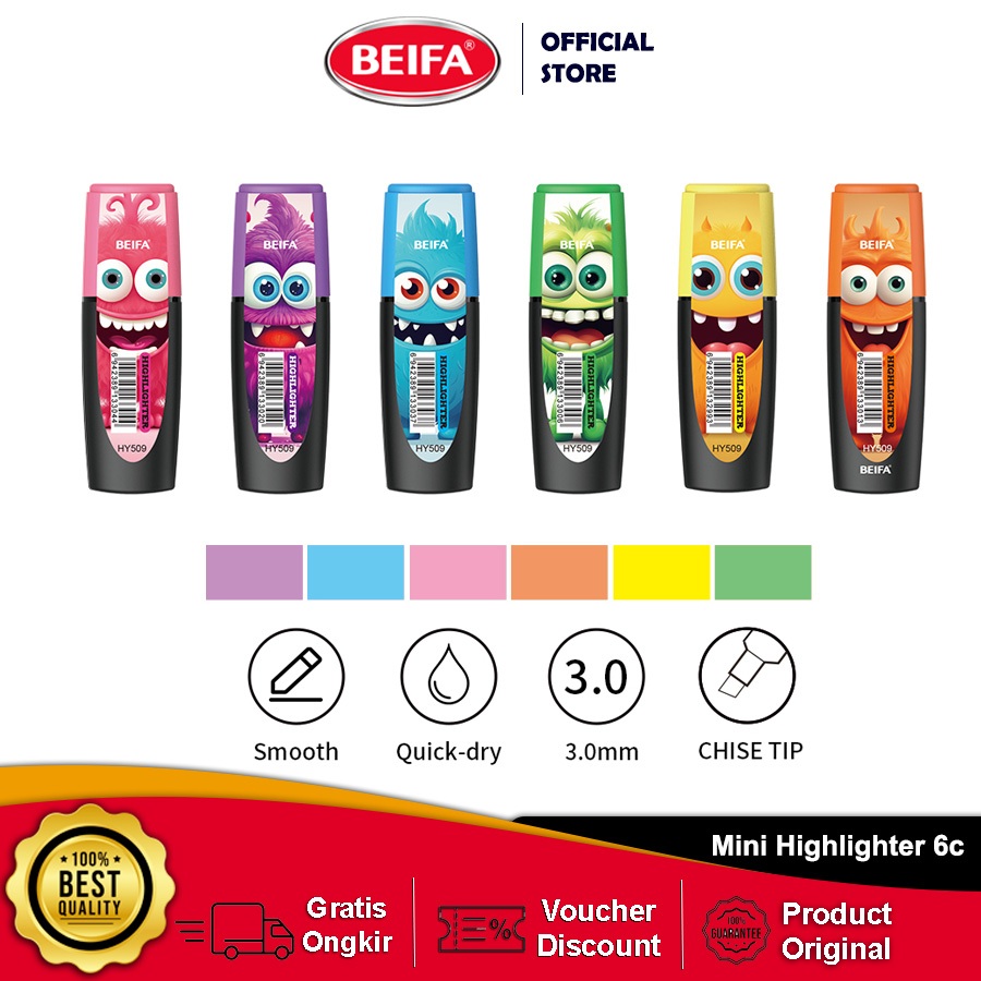 

Beifa Highlighter Mini Set 6 Warna 1 Kotak Isi 7pcs Motif Lucu HY509