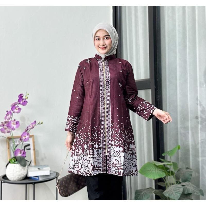 Baju Atasan Tunik Batik Wanita Kerja Kantor Modern Lengan Panjang Bahan Katun Kombinasi Moscrepe Uku
