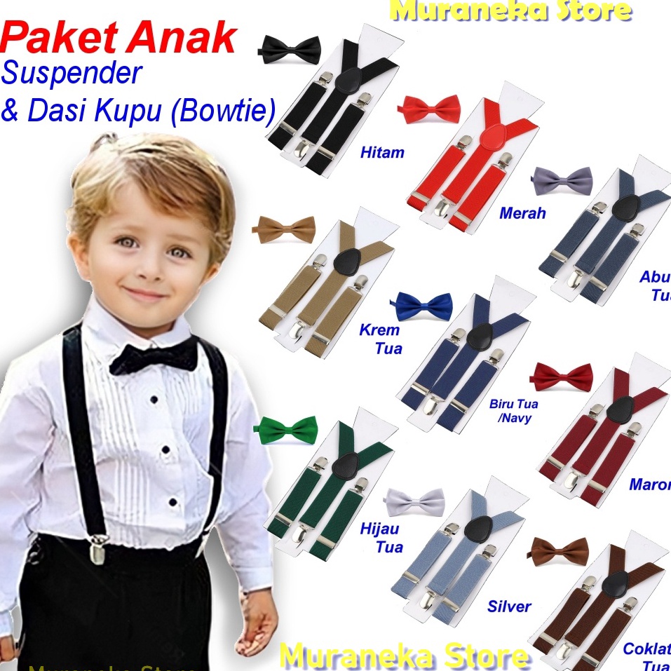 PAKET Suspender Bretel ANAK Dasi Kupu Bowtie Balita Laki Hitam Pesta Bayi Anak2 Wedding Merah Krem C
