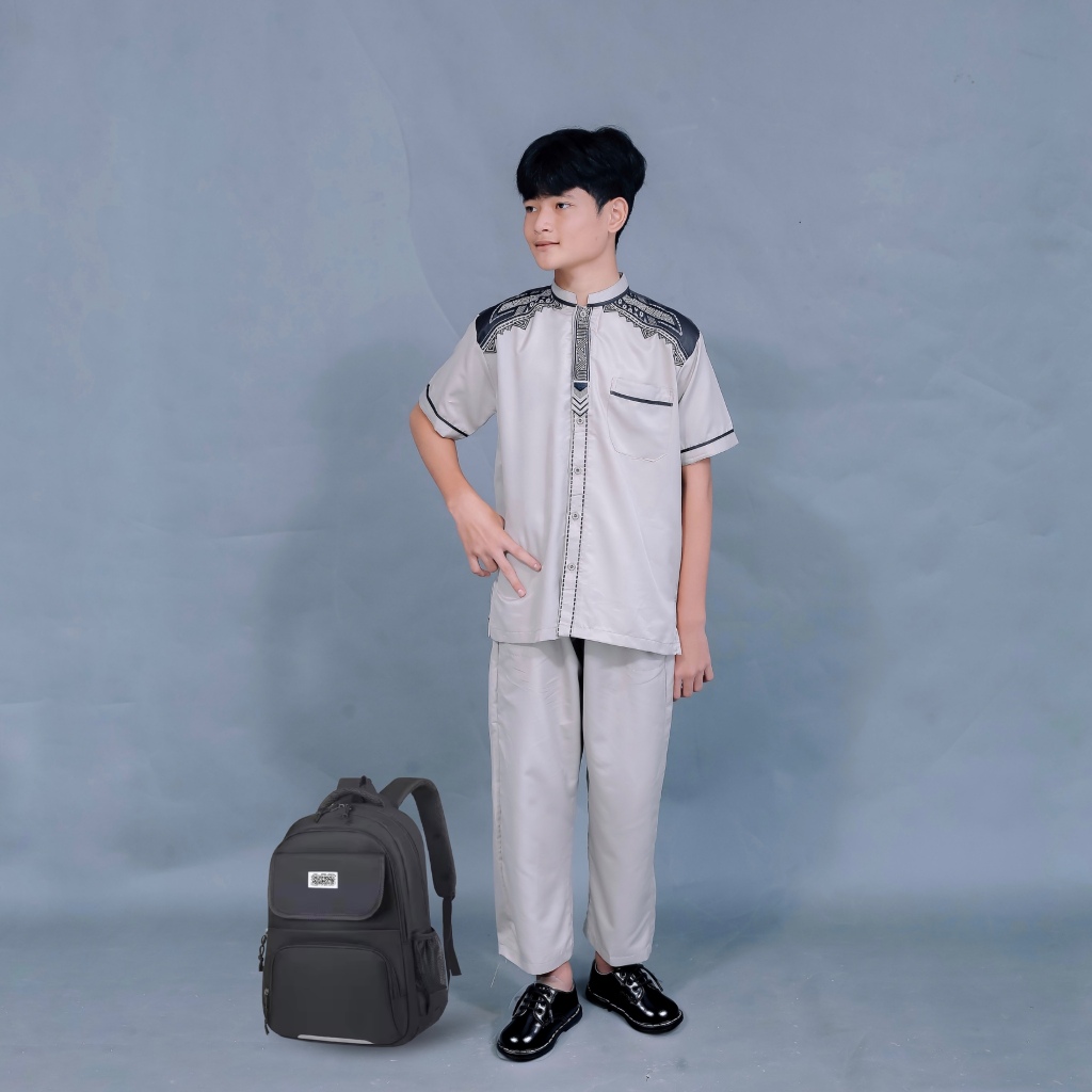 [Asriyani] Setelan Baju Koko Anak Azzam Lengan Pendek Muslim Pria bahan Katun New Roky