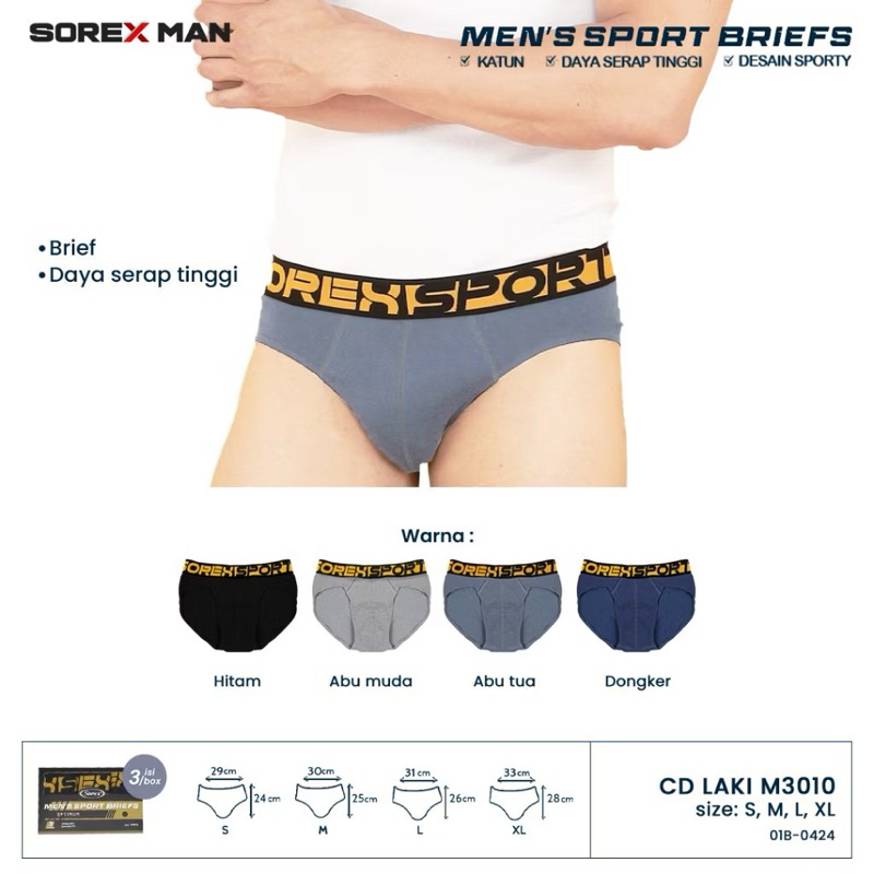 (3 PCS) Sorex Man Celana Dalam Segitiga Pria Katun Men’s Sport Briefs CD Lk M 3010