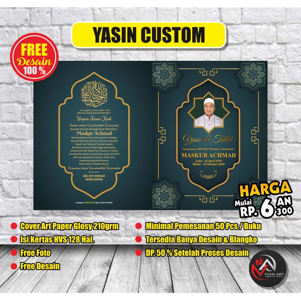 BUKU YASIN DAN TAHLIL 64 HAL, 128 Hal, 224 Hal (FREE DESIGN+FOTO) ARAB TANPA LATIN / TERJEMAHAN )