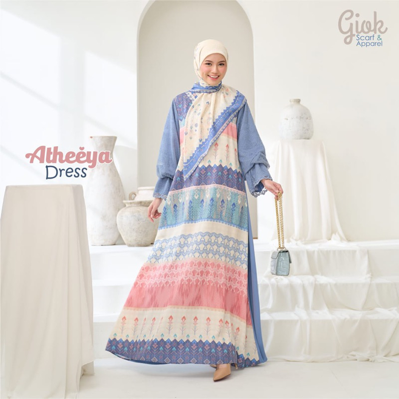 Atheeya Dress by Giok Scarf - Gamis Dress Printing Biru Pink