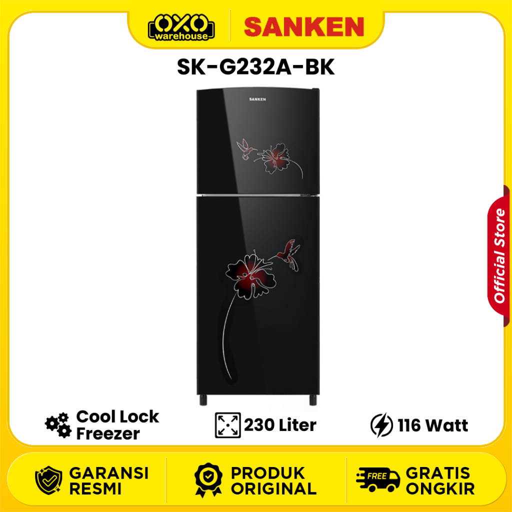 SANKEN Kulkas 2 Pintu SK-G232A-BK Direct Cooling System 230 Liter Low Watt Garansi Resmi