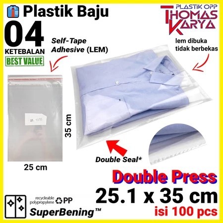 Plastik OPP 25,1x35 DOUBLE SEAL TEBAL Ekonomis | Isi 100 | Kantong Bening | Kemasan Baju | Dengan Le