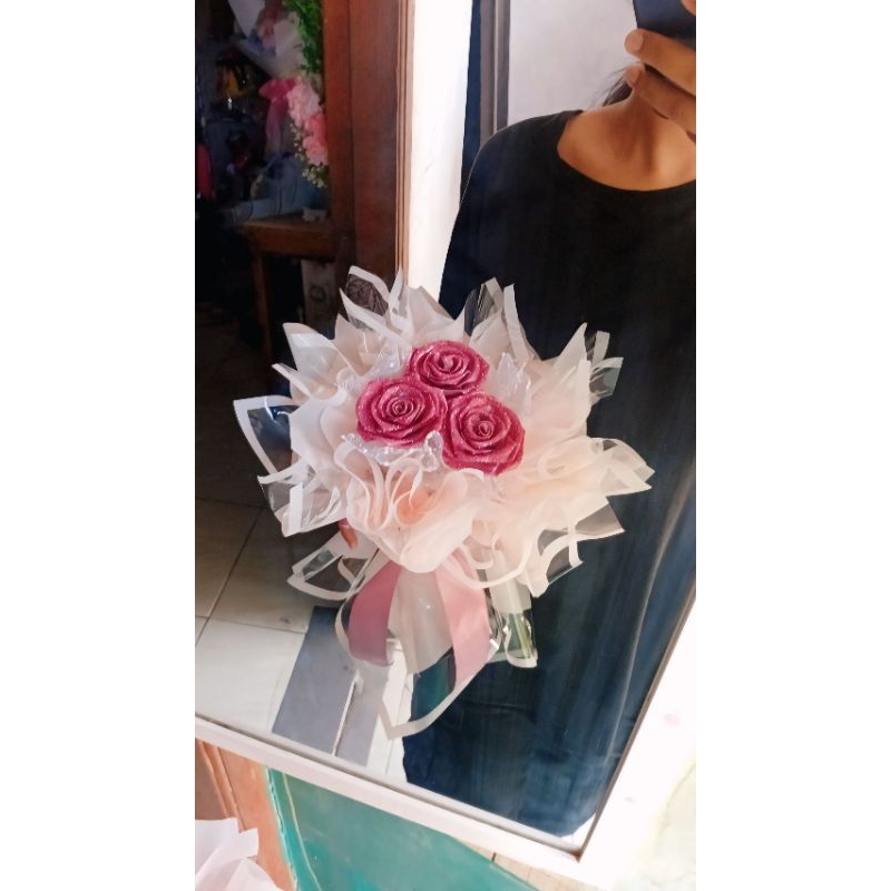 

buket bunga pita satin 3 Tangkai pakai gliter