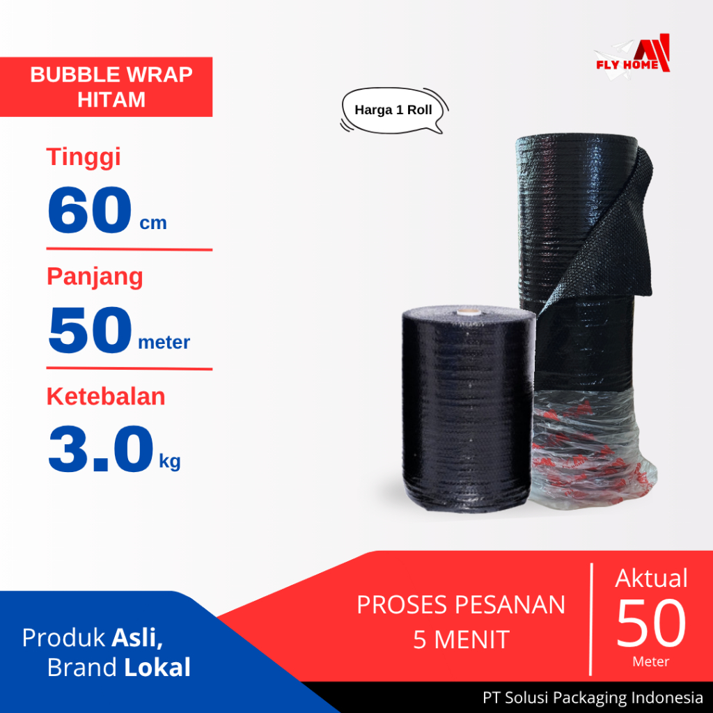 

FLYHOME Bubble wrap 3kg potongan 60cm hitam 1 roll hitam 60x50meter