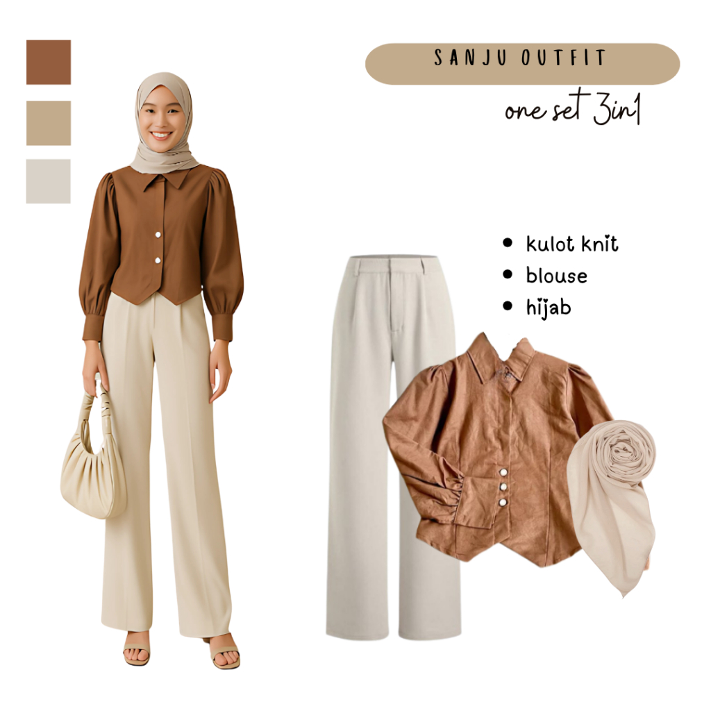 OOTD Outfit Setelan Wanita | Sanju Blouse Coklat, Celana Knit Ivory, Hijab Bella Square Biscuit - FC