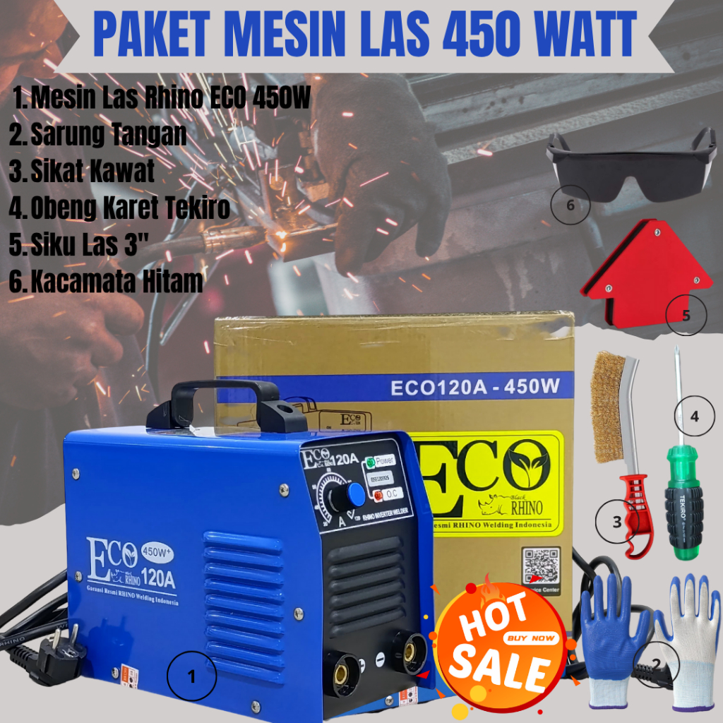 Mesin Las Rhino 450 Watt Trafo Las Listrik Welding Inverter Eco120A - Paket Mesin Las Tukang Lengkap