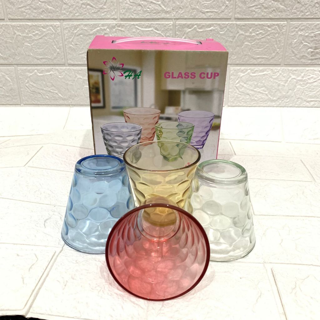 Grosir1688 - Gelas Kaca 4 Set Warna Warni / Gelas Kaca Tebal Set Warna