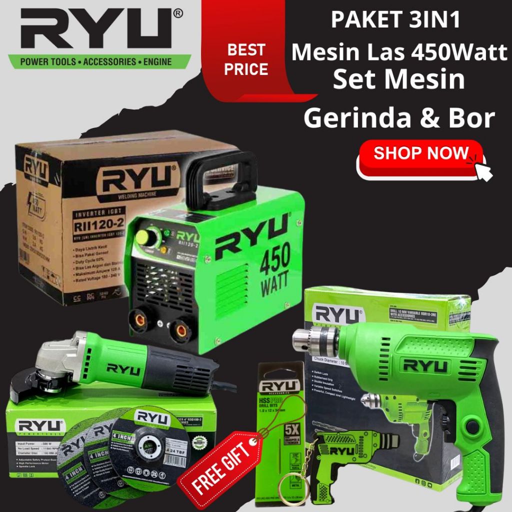 PAKET 3IN1 Mesin Las Listrik 450 Watt RYU Mesin Bor Tangan Listrik 10mm Set Mesin Gerinda Tangan 4