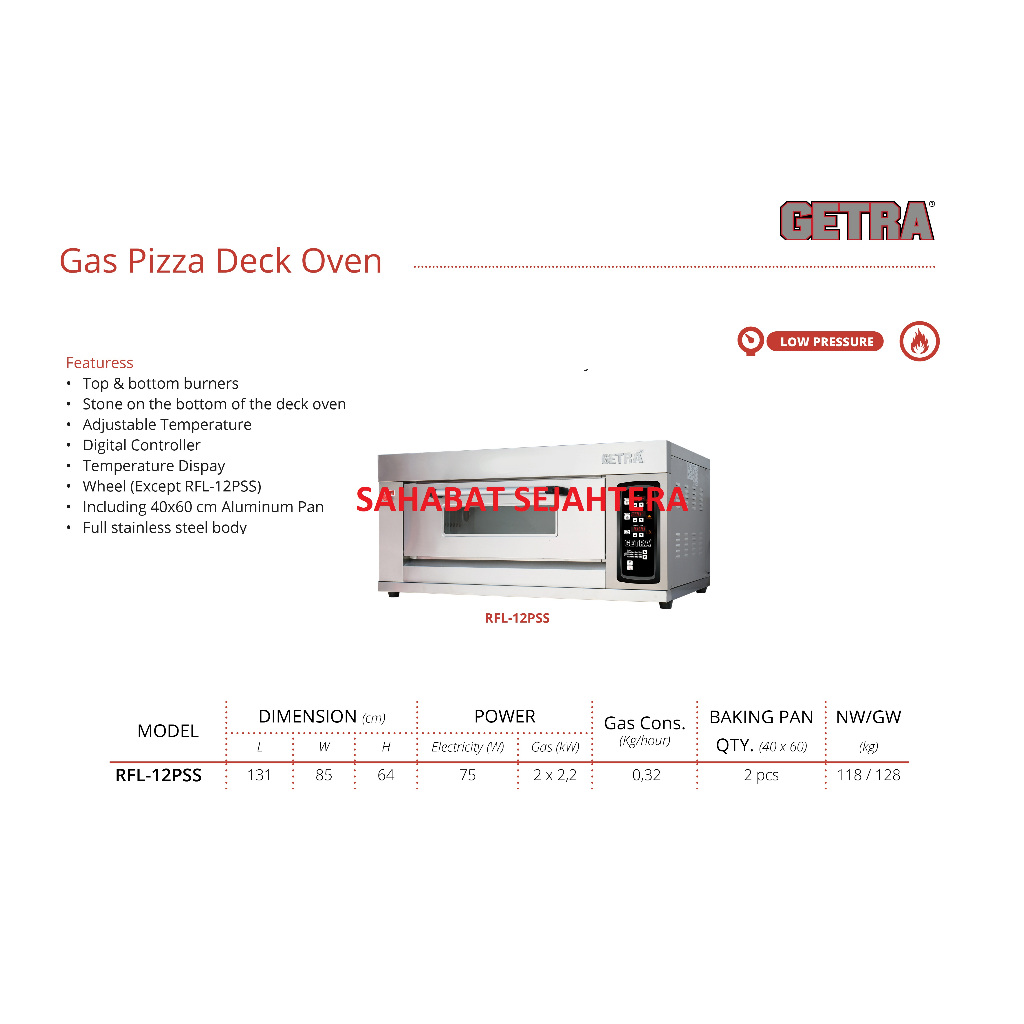 GETRA Gas Pizza Deck Oven RFL-12PSS – Oven Gas Pizza Komersial Stainless Steel Hemat Gas