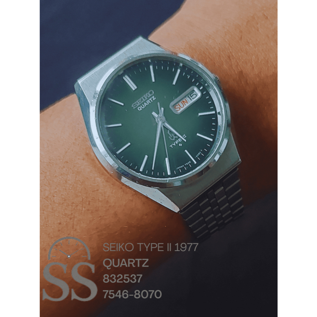 Jam Tangan Vintage Seiko Type II Quartz Dial Hijau Sunbrust 1977 Second Bekas Original Murah