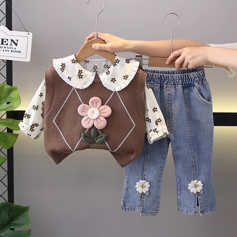 Setelan Jeans Import Premium Anak Perempuan Usia 1-4 Tahun | Baju Kemeja Katun Lengan Panjang Motif 