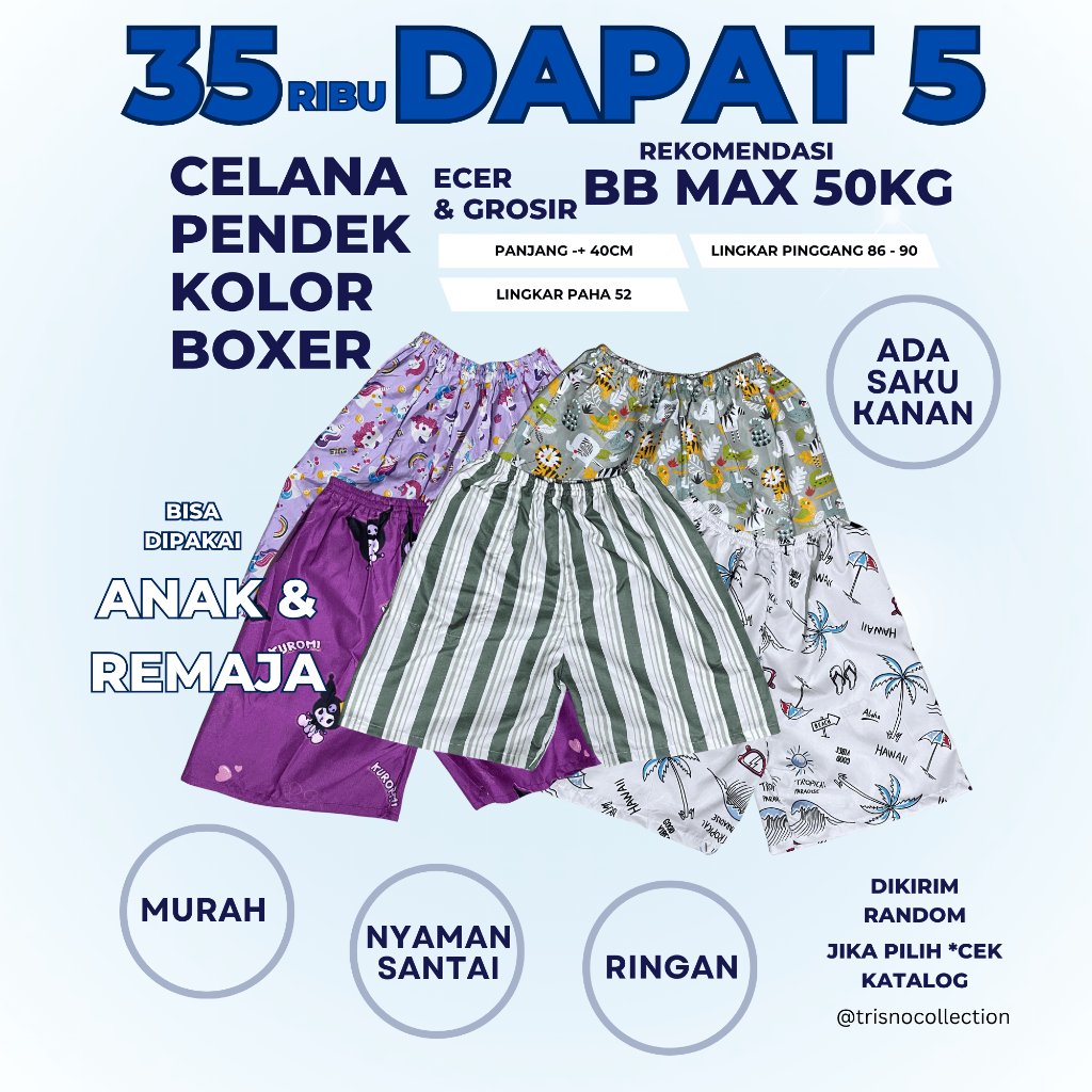 Murah Celana Pendek Kolor Boxer Unisex Pria Wanita | Anak Ramaja Dewasa | Celana Rumah | Uk Kecil
