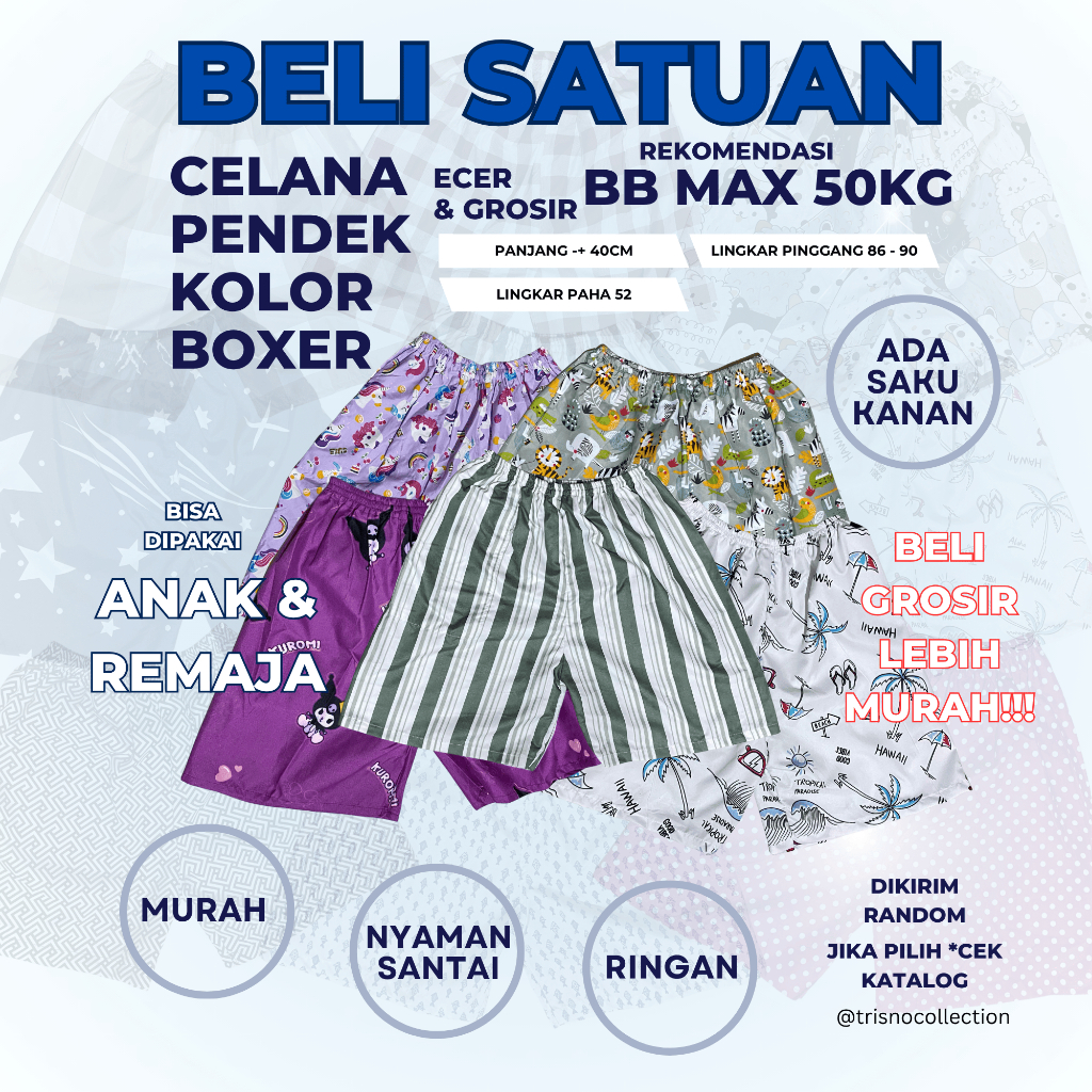 Celana Pendek Kolor Boxer Unisex Pria Wanita | Anak Ramaja Dewasa | Celana Rumah Santai | Uk Kecil