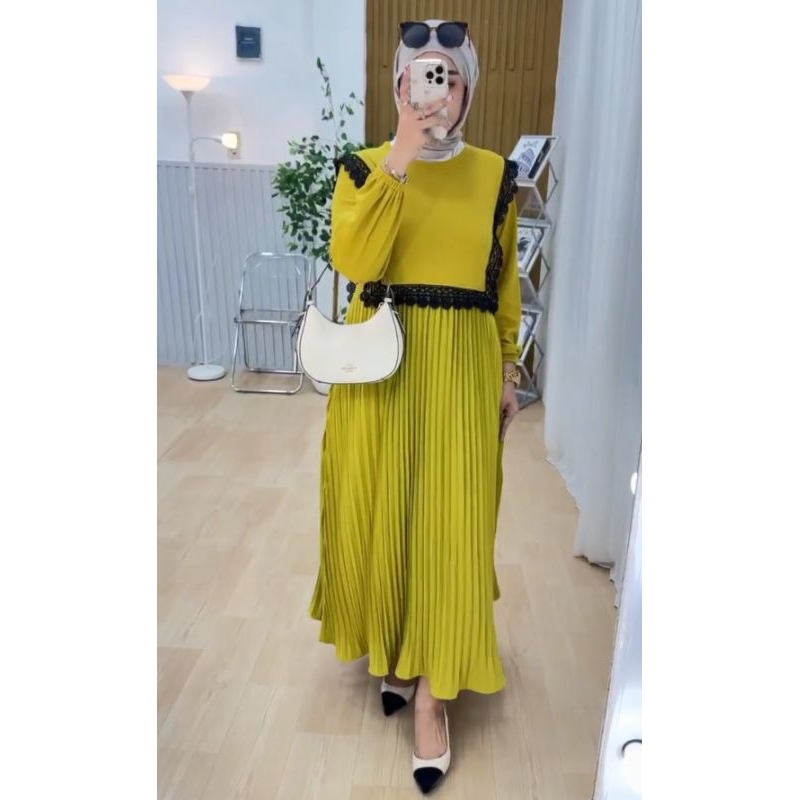 gamis mididress kaos knit rajut import plisket renda