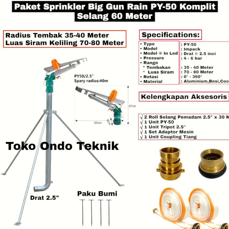 Sprinkler Big Gun Rain PY-50 Komplit Selang 60M Tembakan 4 Meter
