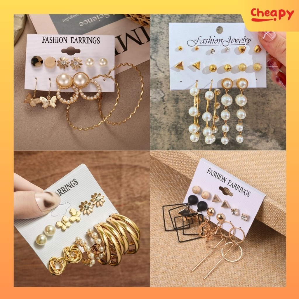 Anting Set 6 Set / 8 Set Model Resin Loreng Hitam Mutiara Kristal Hati Aksesoris Wanita Korea
