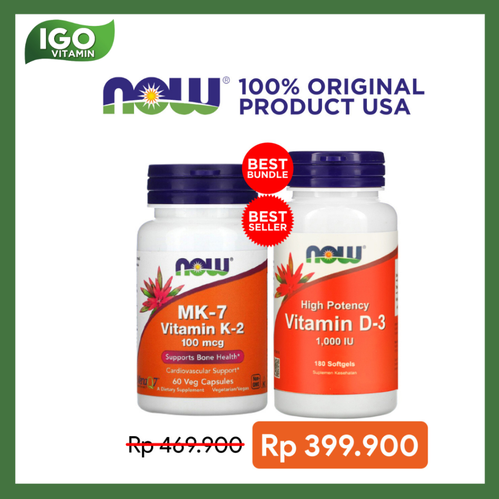 Bundling D3K2 Suplemen Vitamin NOW D3 1000IU + K2 MK7 100mcg - Support Kesehatan Tulang dan Pembuluh