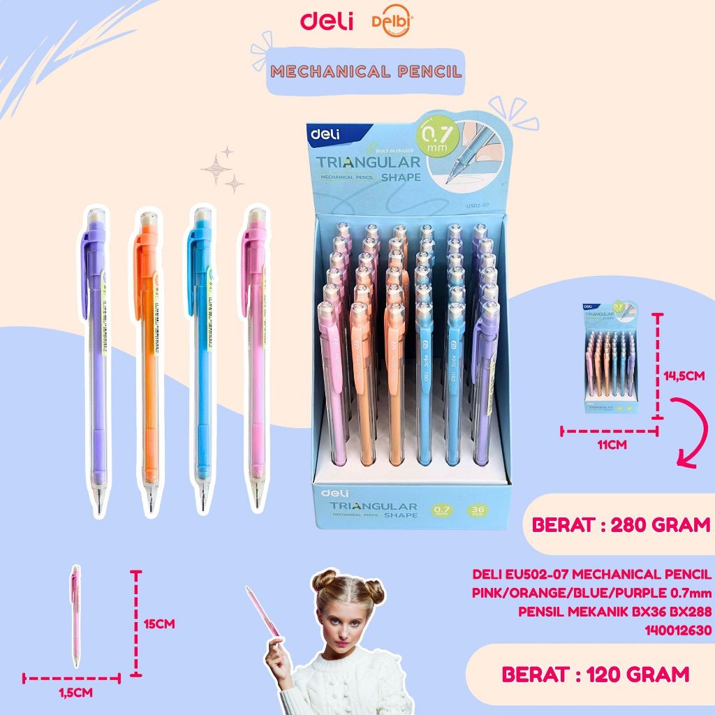 

DELI EU502-07 MECHANICAL PENCIL PINK/ORANGE/BLUE/PURPLE 0.7mm PENSIL MEKANIK