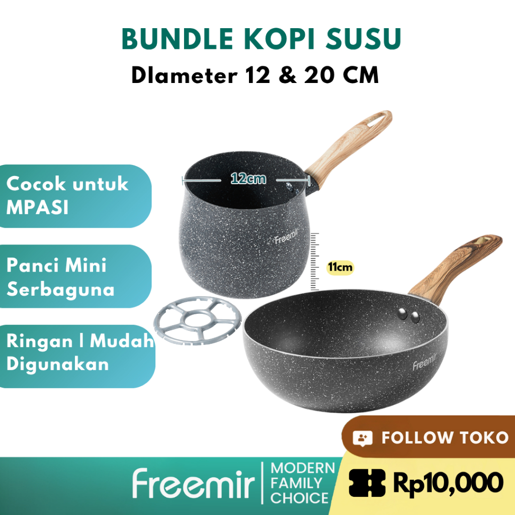 Freemir Original Panci Susu 20 Cm + Panci Kopi 12 Cm Granit Coating Anti Lengket Serbaguna