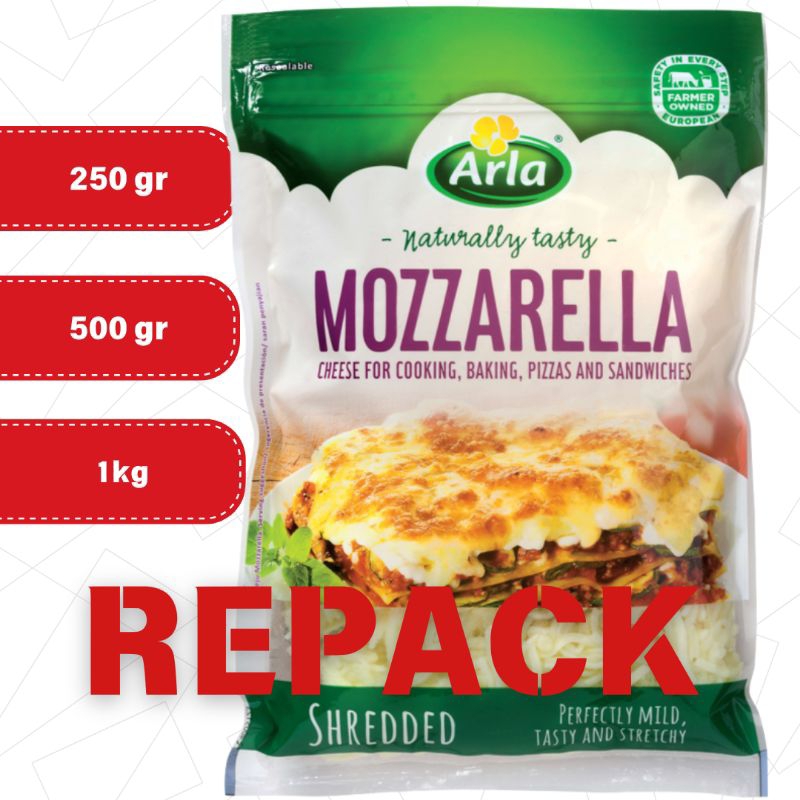 

ARLA SHREDDED MOZZARELLA REPACK DARI 2KG KEJU MOZARELA PARUT MADE IN SWEDIA UNTUK PIZZA SPAGHETTI CORN DOG LASAGNA PASTA MAC AND CHEESE STICK MPASI