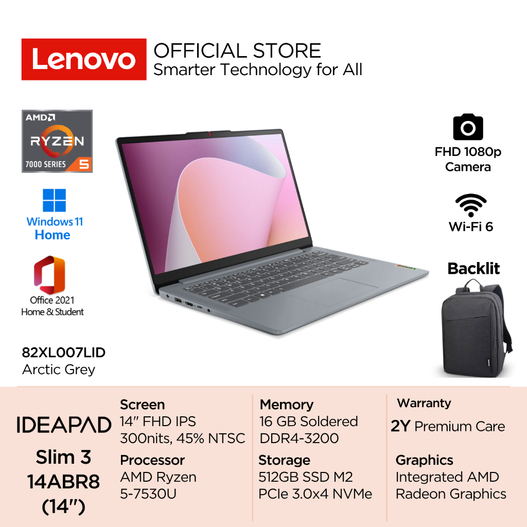 Lenovo IdeaPad Slim 3 14ABR8 AMD Ryzen 5 7530U Win11 16GB Soldered 512GB SSD 14" FHD IPS 300nits 45%