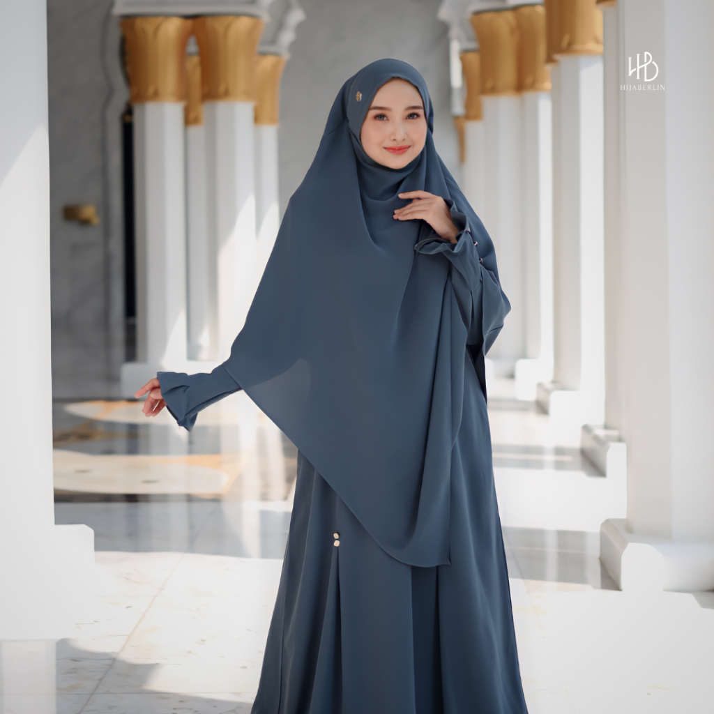 Hijaberlin - Maryam Dress Denim Set Khimar FK Mazen Anti UV Gamis Syar'i Premium Haji & Umroh