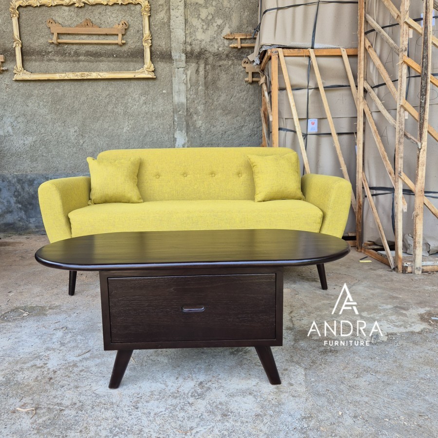 set sofa jati minimalis retro plus meja laci oval dengan opsi kain yang dapat dipilih sesuai keingin