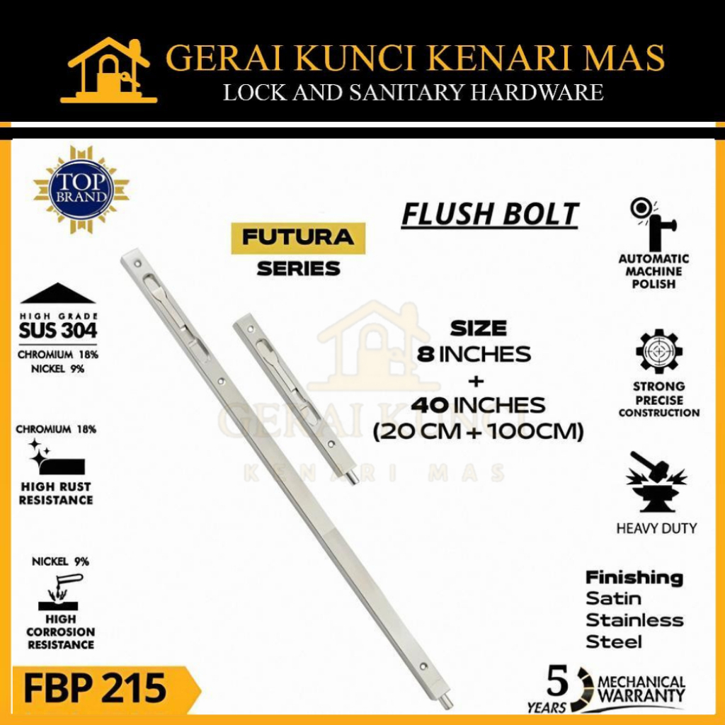 PALOMA FBP 215 Grendel Tanam Slot Kunci Pintu Atas Bawah Flush Bolt 8"+40" ( 20+100cm) Staimnless St