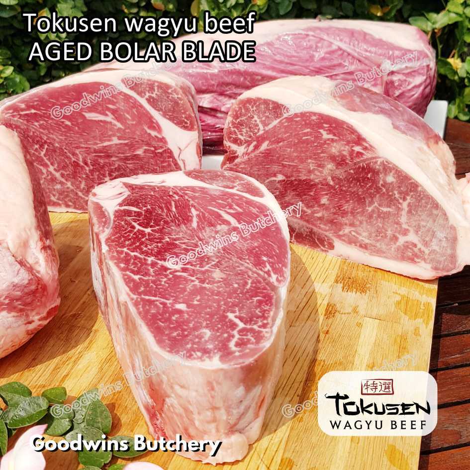 

Wagyu beef Tokusen BOLAR BLADE marbling MBS-5 aged-frozen daging sapi sampil PORTIONED CUTS