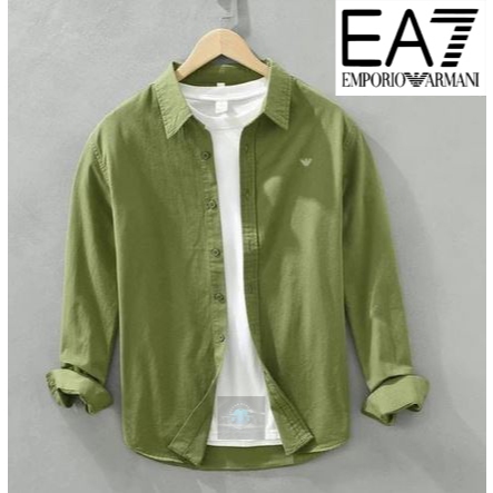 Kemeja Pria Lengan Panjang Premium Logo Depan Bordir Bahan Full Katun - Emporio Armani -Sage