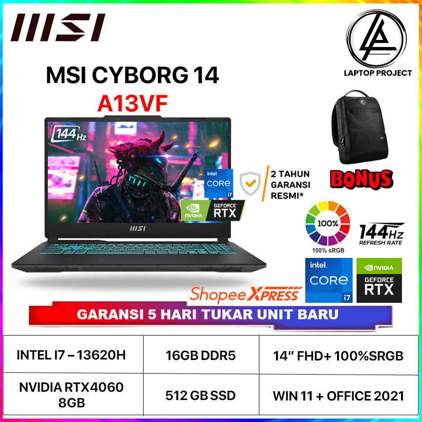 MSI Cyborg 14 A13VF RTX4060 8GB Core i7-13620H 16GB 512GB SSD 14″ FHD+ 144Hz 100%SRGB W11 OHS