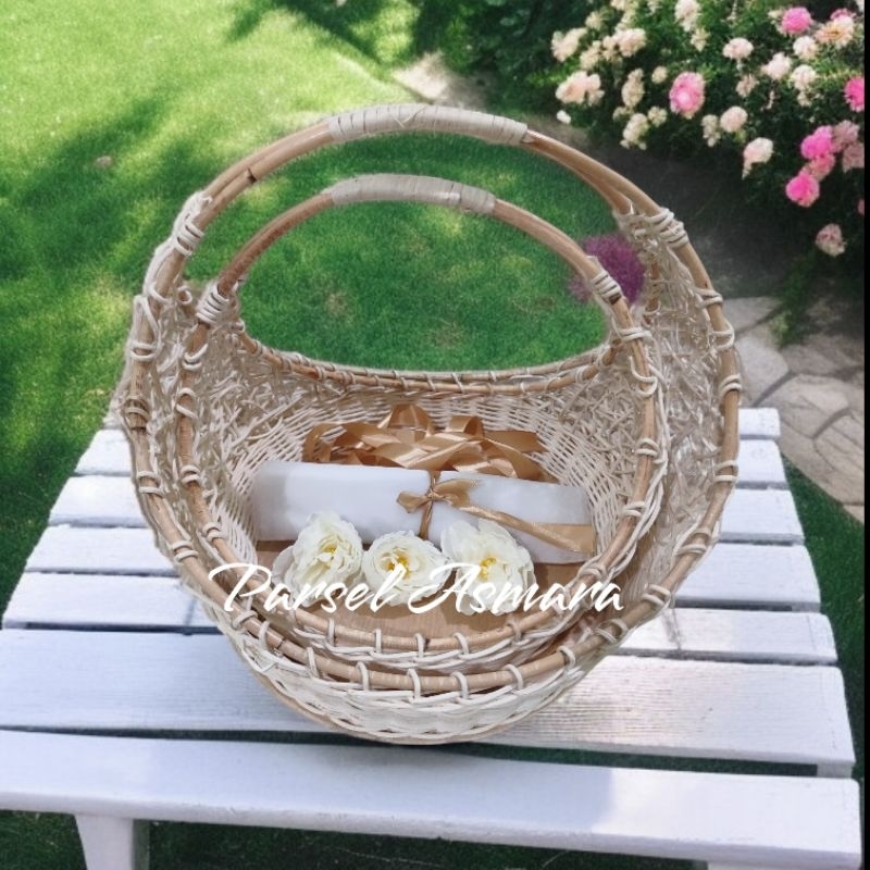 (FREE Kain Tile+Bunga) Keranjang Rotan Cincin Ruwet Hantaran Seserahan Pernikahan 1 set isi 2
