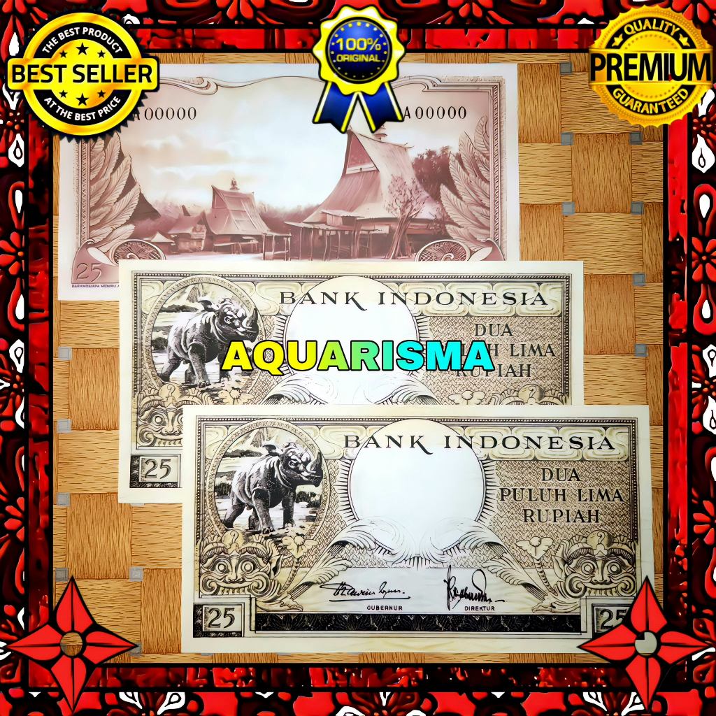 KOLEKSI NUMISMATIK - SOUVENIR REPRO UANG KUNO 25 RUPIAH INDONESIA BADAK 1957