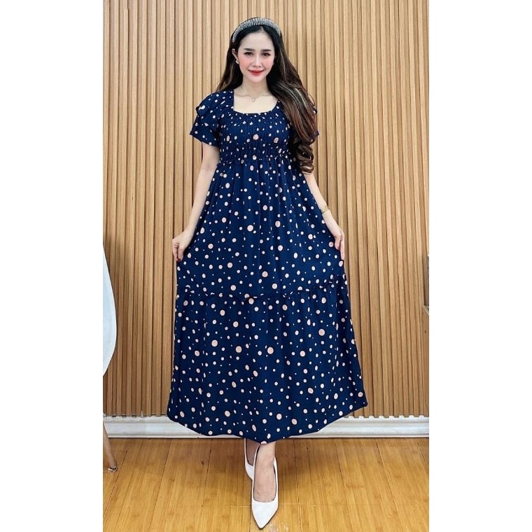 KODE D55Y Gaun Dress Smok Polkadot Lengan PendekDress Smok RayonDress Susun Rempel