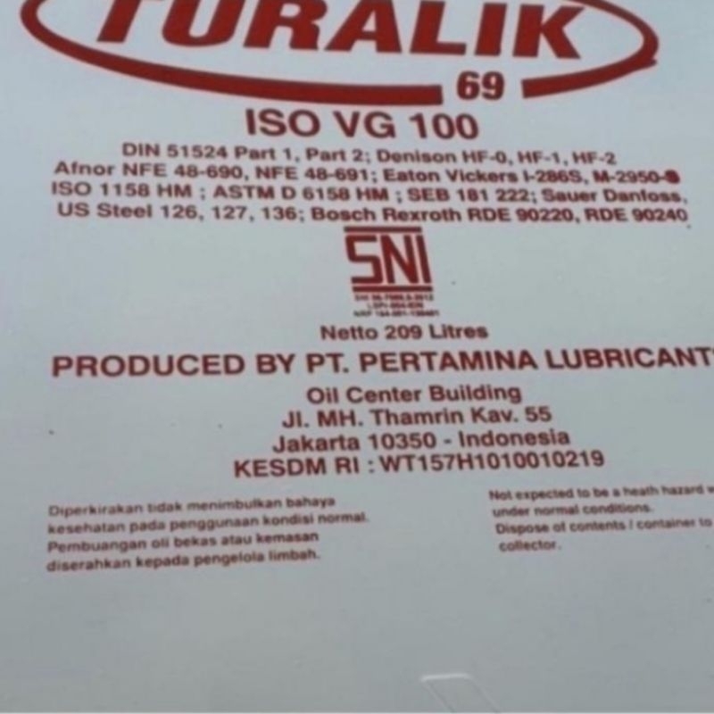 Oli Pertamina Turalik 69  Iso VG 100 Hidrolik 209L