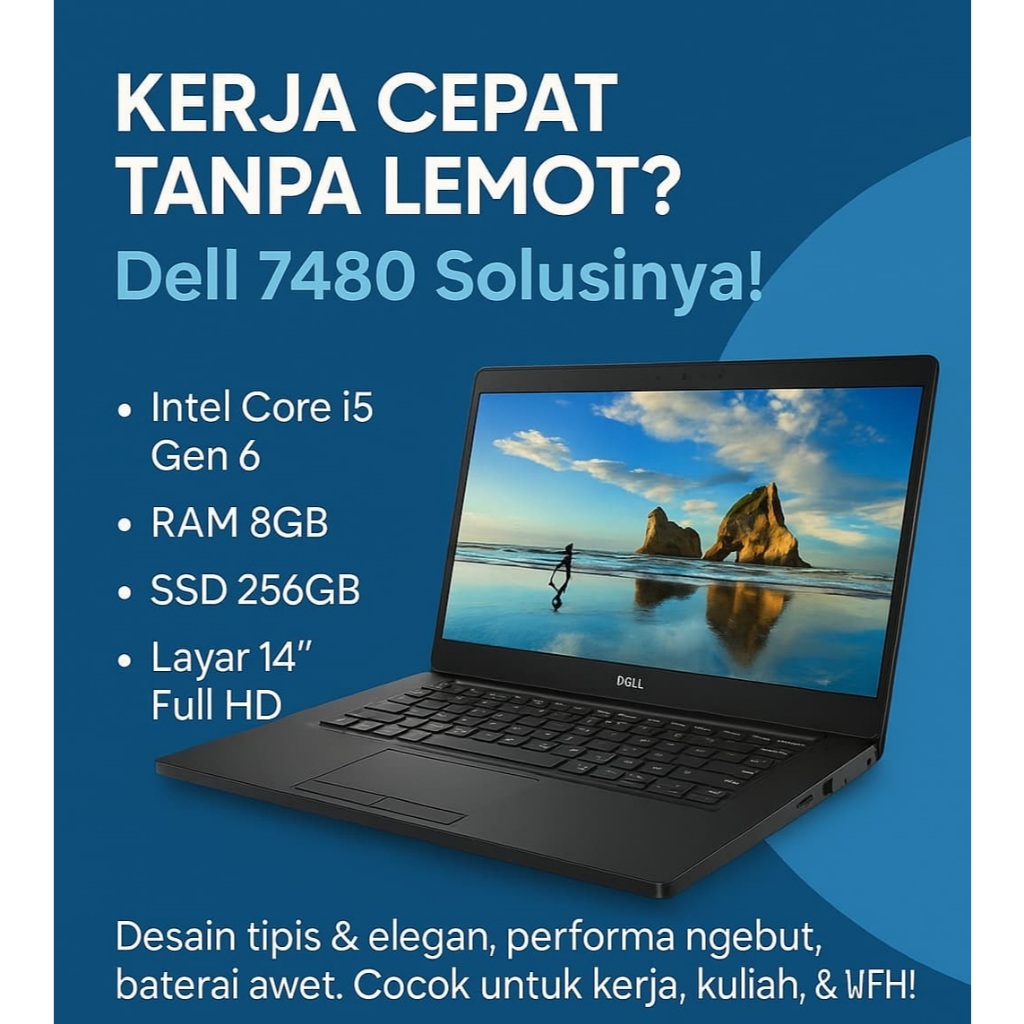 LAPTOP LENOVO DELL 7480 INTEL CORE I5 GEN 6 RAM 8GB SSD 256GB NOTEBOOK SECOND