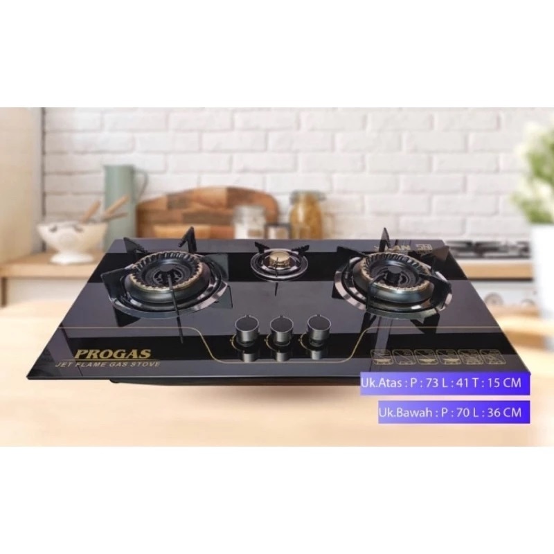Progas PG-333 Kompor Gas 3 Tungku Tanam Kaca Kompor tanam