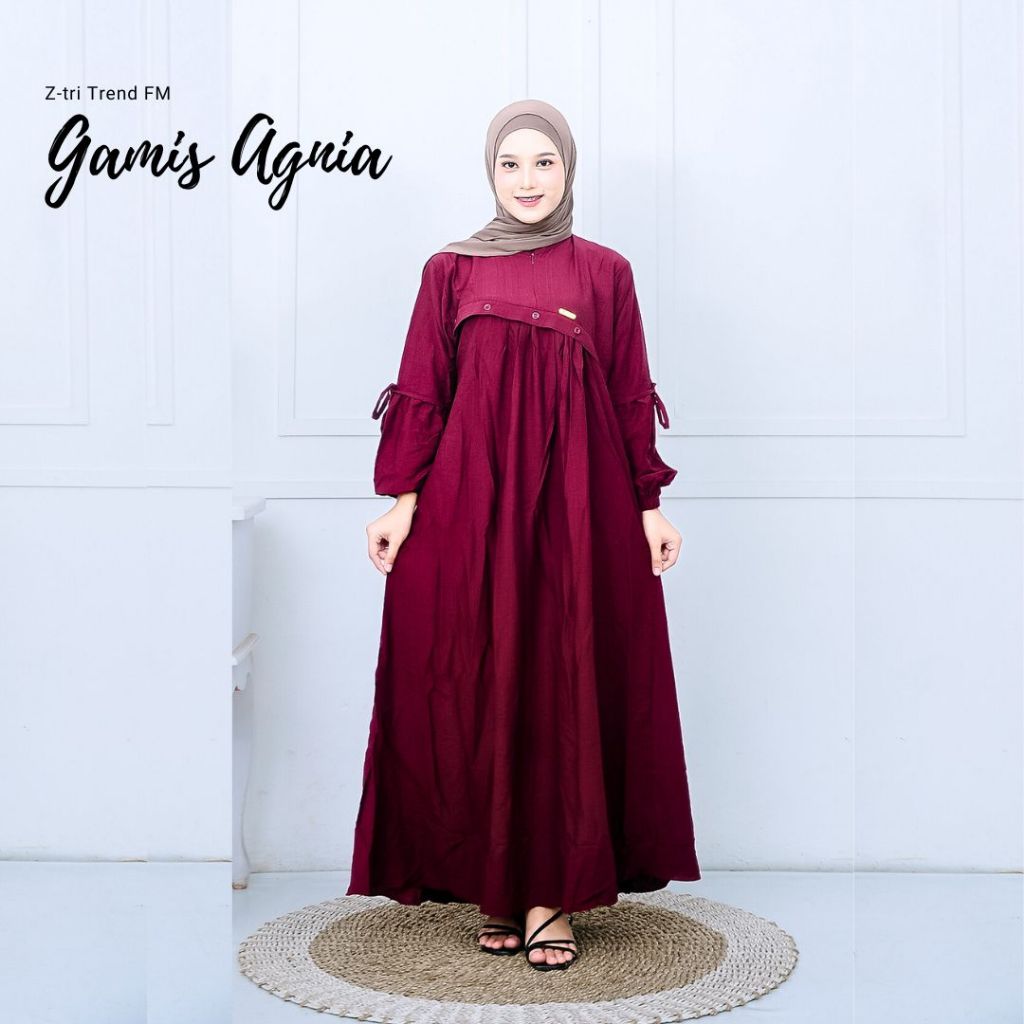 Gamis Dress Burgundy Premium Lengan Balon Model Resleting Depan